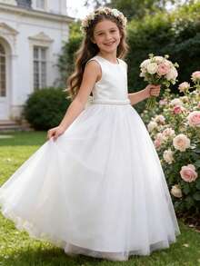 少女白色优雅仿珍珠蝴蝶结薄纱长裙，公主裙，花童婚礼礼服，晚礼服，生日派对，舞会，度假，复活节 - 白色 - 查看 5