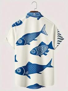 Men's Hawaiian Short Sleeve Shirt - White & Blue Fish Print Collar Beach Shirt, Hawaiian Fish Swimming Shirt For Summer Vacation, Hawaiian Luau Outfit, Wrinkle-Free Casual Wear (Machine Washable) - Nhiều màu - Xem 5