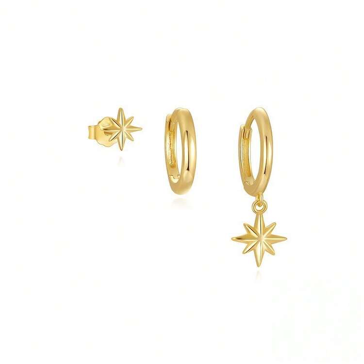 3pcs Gold-Plated Brass 8-Pointed Star Earrings, Daily Wear For Women - 3 Eight-pointed Star Earrings - View 4