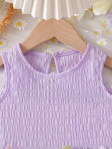Baby Girls' Cute Solid Color Round Neck Sleeveless Ruffle Hem 3D Floral Top And Ruffle Hem Shorts 2 Piece Outfit, Suitable For Daily Outings In Spring/Summer - Purple - View 4
