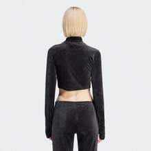 Adidas Women's VELVET CROP TOP, Celebrity Same Style Velvet Slim Fit Long Sleeve T-Shirt - Black - View 2