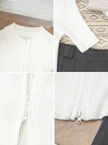 Women's Collared White Reversible Zipper Fitted Cute Casual Commuter Lightweight Knit Short Sleeve Cardigan Top, Summer - White - View 8