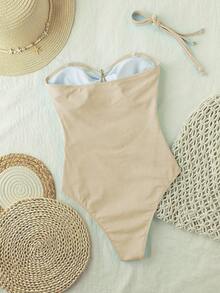 2026歐美新款熱銷夏季網紅優雅泳衣，淺藍色休閒連身泳衣，舒適高彈尼龍素色面料，時尚鏤空露背海星飾品，掛脖式海灘度假休閒穿搭 - 乳白 - 查看 5