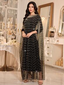 优雅黑色女士圆领蝙蝠袖串珠长袍，端庄无弹力两件式阿拉伯长裙，刺绣珍珠，亮片拼接，珍珠点缀长款七分袖 - 黑色 - 查看 4