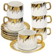 Coffee Cup Set Of 6 With Saucers, 3.5 OZ Ceramic Espresso Cups, Deco Golden Turkish Coffee Cup Gift For Cappuccino, Latte, Cafe Mocha And Tea - trắng - Xem 13