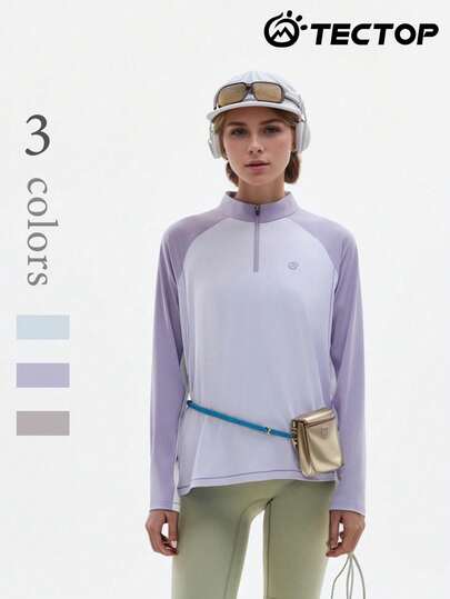 TECTOP 女士1/4拉链高领长袖T恤，透气舒适，适合健身跑步运动。