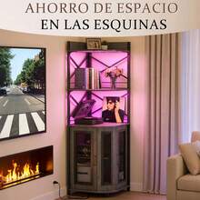 Muebles de cocina, vinoteca con luces LED, barra de bar para el hogar, con toma de corriente, botellero de cinco niveles para copas de vino, mueble de almacenaje, ideal para comedores, salas de estar y despachos - Gris - Ver 6