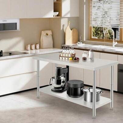 Modern Two-Tier Stainless Steel Work Table, 60x24x35inch Food Prep Worktable, Utility Table With Adjustable Undershelf And Backsplash, For Kitchen, Restaurant, Bakeries