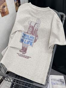 2026 Summer New Women's Round Neck Casual Loose Design Graphic Tee, Anime Print Versatile Short Sleeve T-Shirt, 1 Piece - Light Gray - View 4