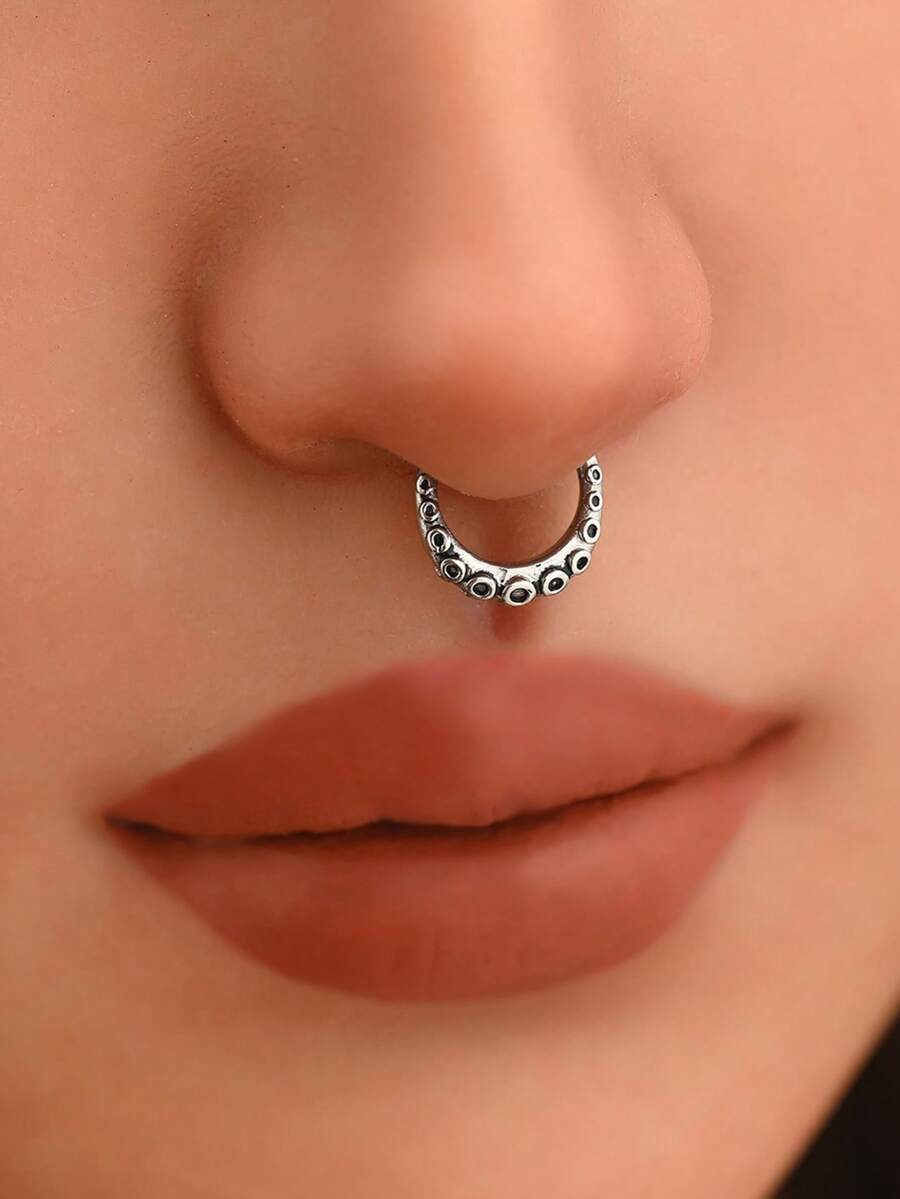 1 pieza Aro de nariz de malla con calavera punk, joyería de piercing de nariz de acero inoxidable de aro cerrado para hombres y mujeres - Plateado - Ver 1