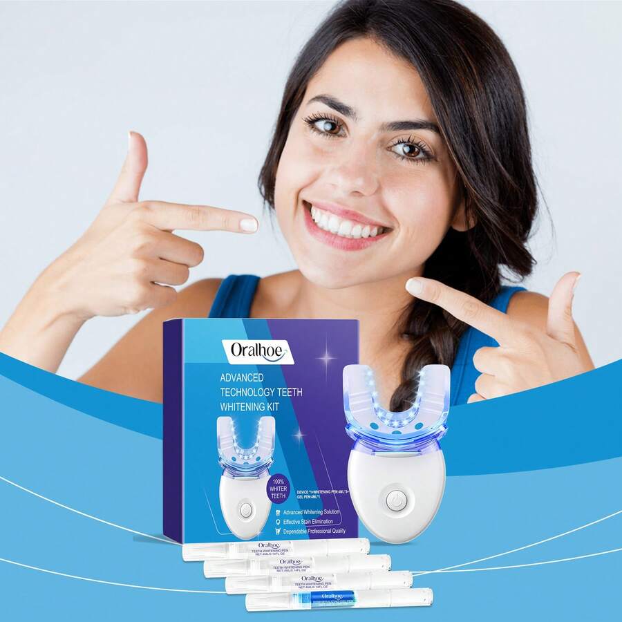 Kit de luz LED para blanqueamiento dental profesional con gel blanqueador 4X y sistema de blanqueamiento acelerado con luz azul para una sonrisa blanca.