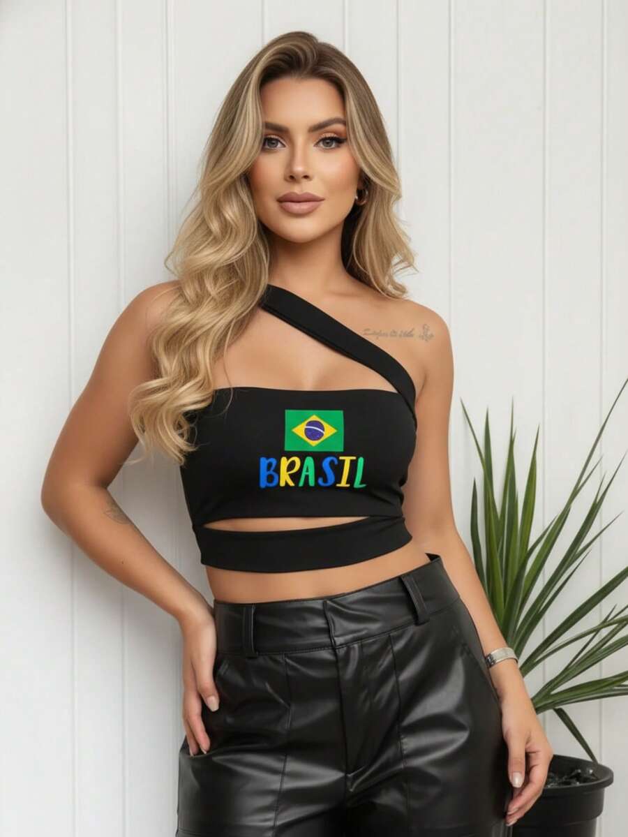 Cropped Top, Blouse, Brazil, BrazilCore, , World Cup, , Headband, Straps, Blogger, Elegant, Versatile - 黑色 - 查看 1