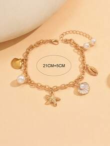 1pc Summer Ocean Style Multi-Pendant Anklet, Versatile White Glazed Faux Pearl Shell & Golden Starfish Pendant Jewelry, Suitable For Daily Wear, Dates, Beach Vacation - Gold - View 4