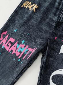 Tween Girls Denim Effect Print Flared Graffiti Letter Casual Comfortable Leggings - Multicolor - View 4