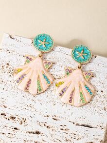 1 Pair Unique Fresh Ocean Life Series Metal Rhinestone Shell Dangle Earrings For Women - Multicolor - View 2