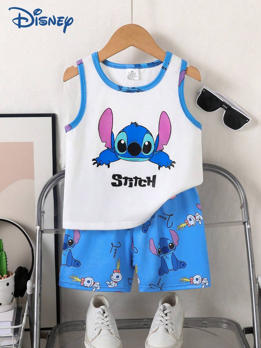 Disney 两件套男童卡通印花弹力吊带背心和短裤套装，休闲夏季服装 - 藍色 - 查看 1
