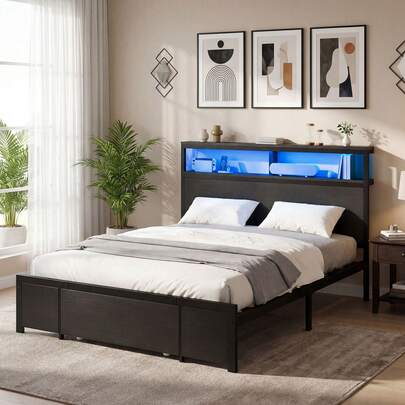 Bed Frame,LED With Headboard,Type-C USB Ports & Charging Outlets,Metal Platform Bed Frame No Box Spring Needed King Size