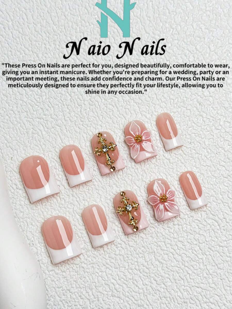 NAIO 10片/套 春夏手工按压式美甲贴片，短方形甲片，Y2K 酷炫风格，法式风格，3D 立体花卉纹理，镶钻十字架饰品，适合女性和女孩，派对、日常佩戴皆宜，附赠工具包，是送给女士美甲的绝佳礼物。 - 彩色 - 查看 1