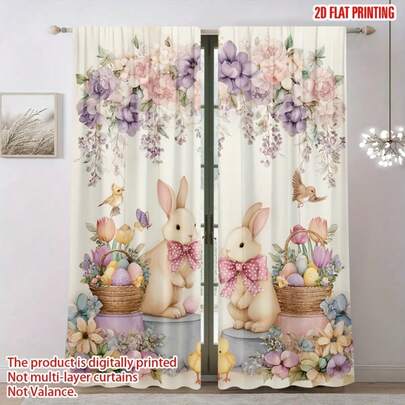 2pcs Easter Bunny Curtains With Pink Polka Dot Bows,Featuring Pink And Purple Floral,Egg,And Bird Patterns.Perfect For Bedroom/Living Room Window Decorations,Suitable For Easter And Spring Home Decor Styles. Available In A Rod Bag Style.