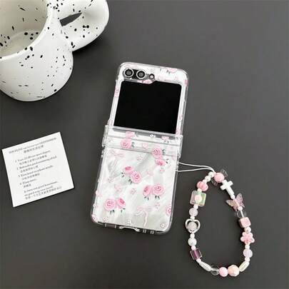 Elegant Butterfly & Flower Folding Phone Case With Chain, Suitable Compatible With Samsung Galaxy Z Flip3 5G/Galaxy Z Flip 4 5G/Galaxy Z Flip 5 5G/Galaxy Z Flip 6 5G/Galaxy Z Flip 7 5G Foldable Phones