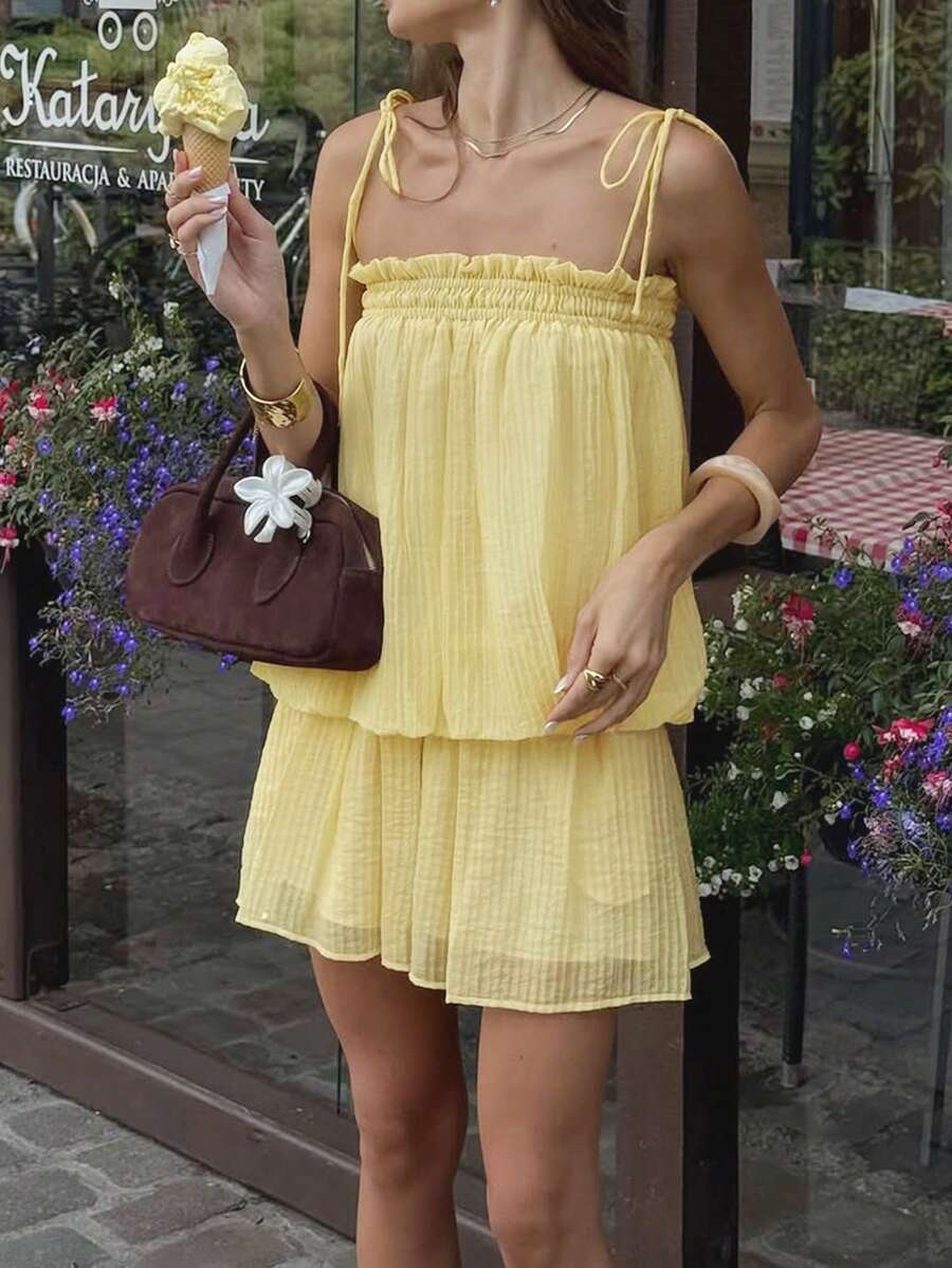 PoPoHouse Women's Elegant Yellow Ruffled Tie-Strap Top & Mini Skirt Set Summer Holiday Vacation Beach Outfit Casual Chic Party Going Out Suit - Yellow - View 1