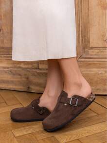 Adjustable Buckle Comfortable Anatomical Insole Open-Toe Wooden Clogs - Brown - View 5