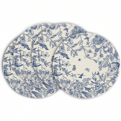 4pcs Watercolor Floral Branch Chinese Style Spring Placemats, 14-Inch Round Table Mats For Dining Room Decor