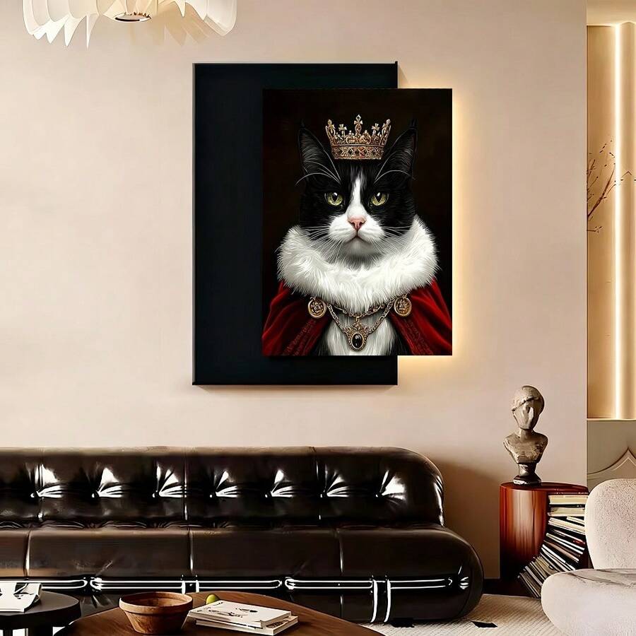 Con marco 1 Pieza de Arte en Lienzo Enmarcado - Elegante Gato Tuxedo Blanco y con Corona y Bata Roja, Retrato Real del Mascota - Decoración Perfecta para Sala o Estudio - Regalo Ideal para Amantes de los Gatos - Impresión en Lienzo - Decoración Interior, Plano 2D, Ideal para Habitaciones - Enmarcado - Ver 1