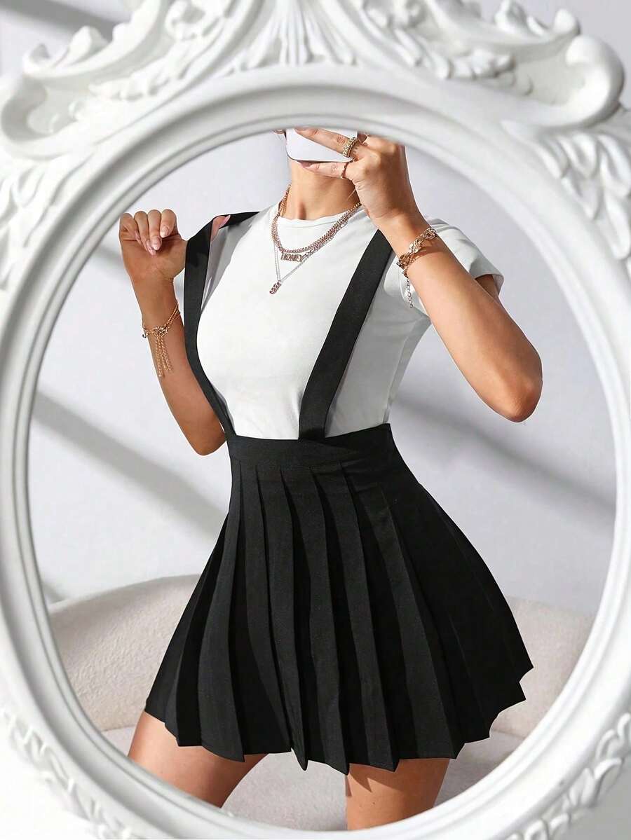 Fashionable Versatile Crisscross Back Design Pleated Suspender Skirt, Skirt, Spring/Summer New Arrival,Summer Outfits, - Black - View 1
