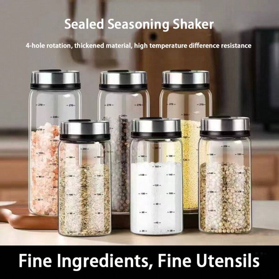 High Borosilicate Glass Spice Bottle, 1pc Large Capacity Kitchen Condiment Dispenser With Stainless Steel Lid, Multi-Hole Shaker For Salt, Pepper, Seasoning Powder, Durable For Home BBQ Cooking Use - Multicolor - View 1