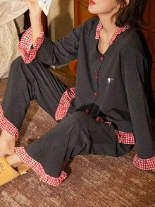 Disney 2pcs Snoopy Cartoon Print Cotton Long Sleeve Pajama Set For Women, Spring & Autumn - Grey - View 4