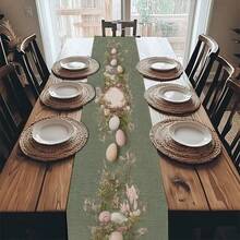 1pc Table Runner,Table Cover,Easter Eggs And Nest Pattern Design With Floral Elements,Green Tone,For Easter,New Year's Day,Valentine's Day,Mother's Day,Father's Day And More,Suitable For Home,Restaurant,Cafe,Kitchen,Dining Table,Coffee Table,Buffet Table - Green - View 4