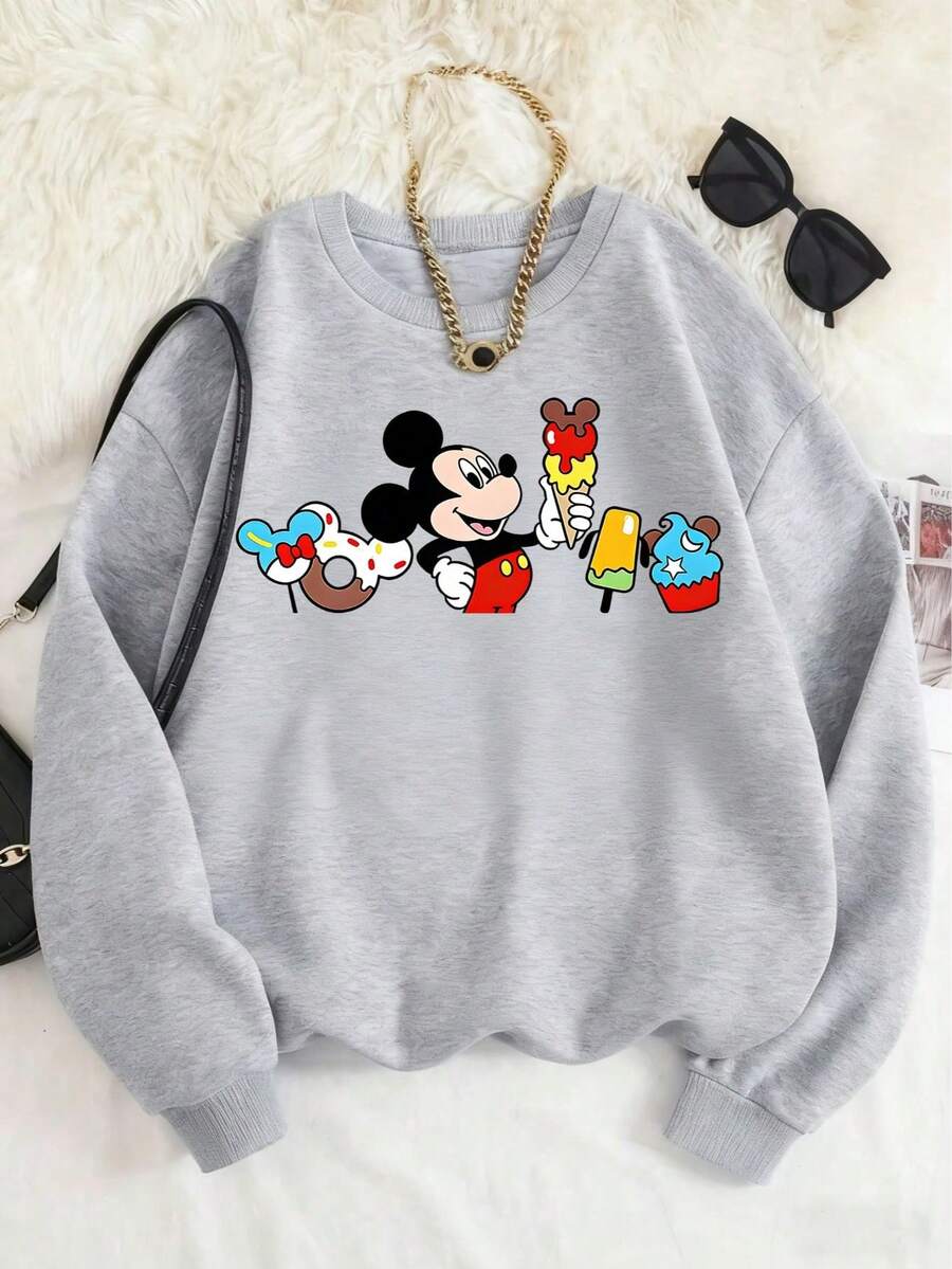 [Official Disney Licensed] Kids Relaxed Fit Sweatshirt 100% Polyester Ultra Comfortable & Super Soft Unisex Design Gray Mickey Mouse Ice Cream Print 1-14 Years Old Daily Wear Stylish Essential High Visibility Cute Look Limited Edition Design New Arrival Express Delivery - Grey - View 1