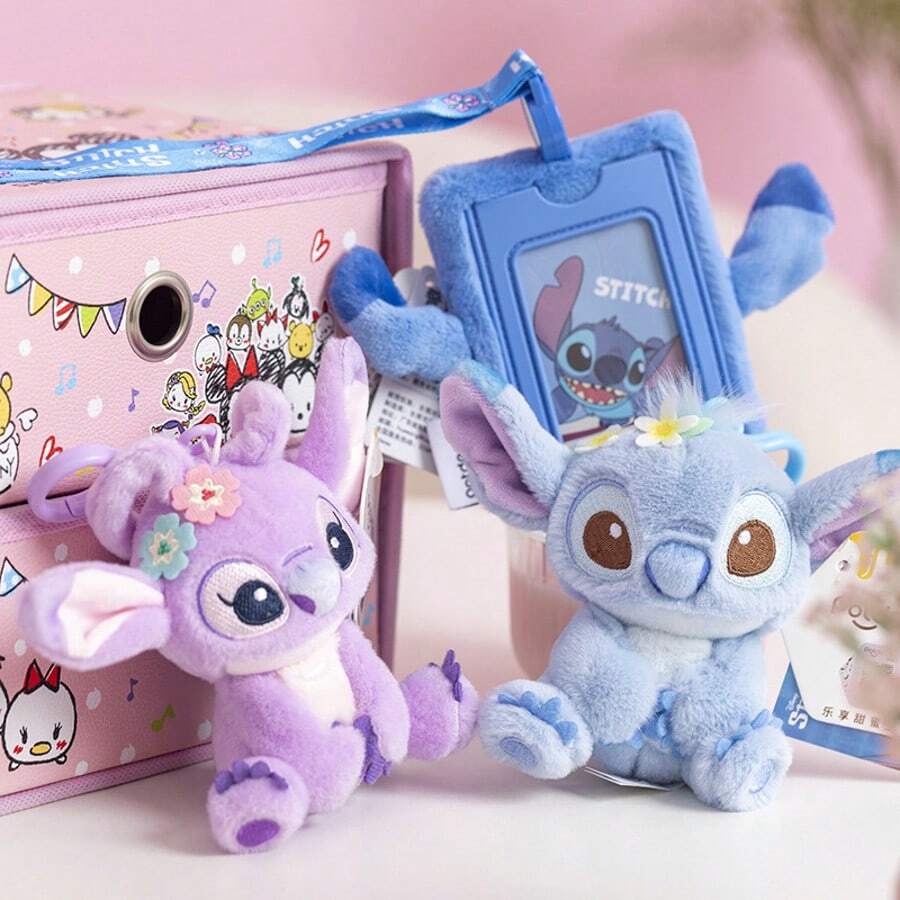 Disney Official Stitch Plush Pendant, Children's Plush Doll, Couple Stitch & Angel Keychain, Lavender Angel Plush Doll, Backpack Hanging Decoration, Birthday Gift, Souvenir, Home Decor