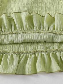 Baby Girls' Cute Solid Color Round Neck Sleeveless Ruffled Hem Floral Vest Top And Ruffled Hem Shorts 2-Piece Outfit, Suitable For Spring/Summer Daily Wear - Green - View 8