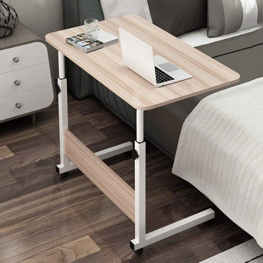 Height Adjustable Mobile Laptop Table | Rolling Overbed Workstation With Metal Frame & Castor Wheels - Light Wood Color - View 1