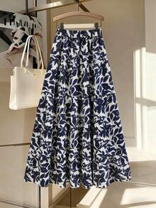 EARO Women's Fashion Long Dress, Leaf Print, Non-Stretch Fabric, Suitable For Casual Wear, Stylish And Elegant - Navy Blue - View 2