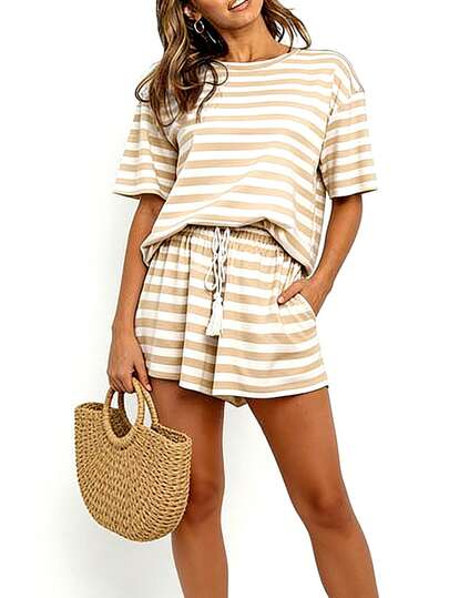 2pcs Set Summer & All Season New Loose Casual Jacquard Striped Round Neck Short Sleeve Top And Drawstring Tassel Shorts Suit, Casual, Fashion, Outdoor Sports, Suitable For Multiple Occasions