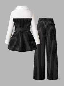 2pcs/Set Fashionable Girls' Spring/Autumn Outfit, Including Collared V-Neck Colorblock Long Sleeve Top And Striped Elastic Waist Straight Leg Pants, Elegant Suit Style, Comfortable And Versatile For Outdoor, Party, Afternoon Tea, Birthday Gift - Black - View 2