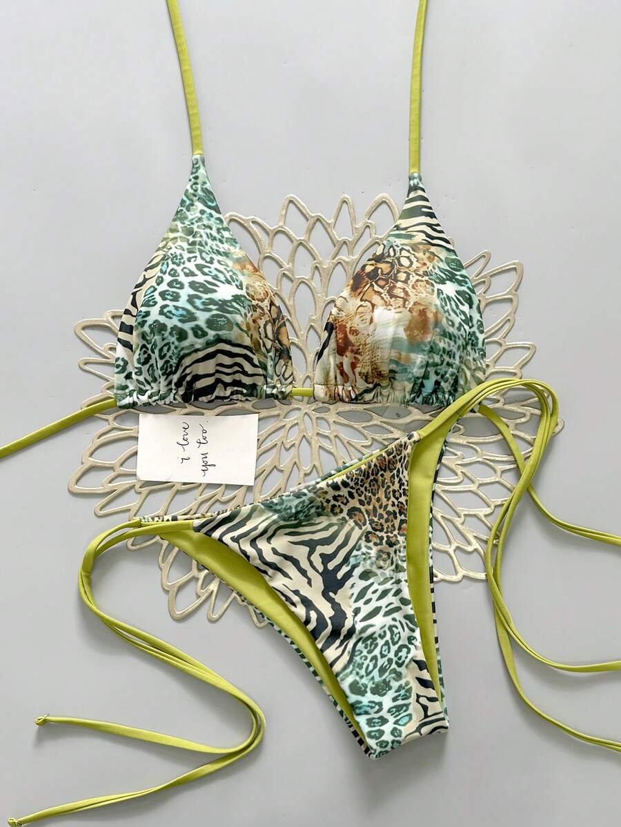Bộ bikini hai mảnh họa tiết da báo cổ điển gợi cảm năm 2025 dành cho nữ, thích hợp cho kỳ nghỉ hè trên bãi biển. - Màu xanh lá cây đậm - Xem 1