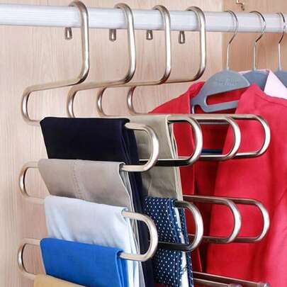 قطعتان من رف تعليق البنطلونات من الفولاذ المقاوم للصدأ متعدد الطبقات لتنظيم الجينز والبناطيل والتنانير في خزانة الملابس، حل لتوفير المساحة في الخزانة مع تشطيب لامع، منظم ملابس معدني متين للاستخدام المنزلي وغرفة النوم