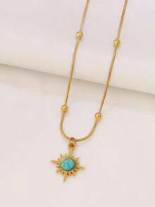 1pc Stainless Steel Natural Turquoise Sun Pendant Necklace, Women's Fashion 18K Gold Bead Snake Chain Necklace, Jewelry Gift - Necklace - View 8