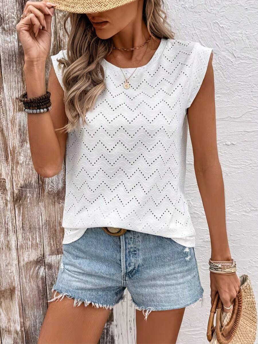 Hollow Wave Pattern Jacquard Sleeveless Vest With Round Neck, Loose Textured Pure Cotton White T-Shirt For Women, Summer Casual Daily Commuter Versatile - White - View 1