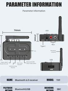 VAORLO 全新 USB 蓝牙 6.0 音频接收器适配器，无线立体声音乐，3.5mm AUX R/L RCA 接口，带麦克风，支持 USB 闪存盘，适用于汽车扬声器放大器。 - A - 查看 3