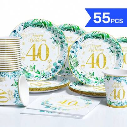 طقم أطباق ورقية، مناديل، وأكواب أحادية الاستخدام بتصميم نباتي أخضر لحفلة عيد ميلاد ال- 40، مناسب ل- 10 ضيوف، أدوات مائدة حفلات ورقية أحادية الاستخدام مناسبة لعيد الميلاد، الزفاف، الحفلات الموضوعية، والنزهات العائلية