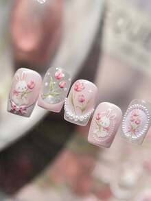 1 pieza Pegatinas de arte de uñas con conejo lindo y tulipán, pegatinas autoadhesivas de decoración de uñas DIY, decoración de primavera para uñas - Multicolor - Ver 5
