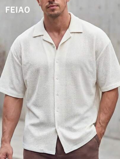 男士复古经典纯色华夫格衬衫，散发着老钱气质，时尚休闲百搭，适合所有季节：休闲、度假、通勤。