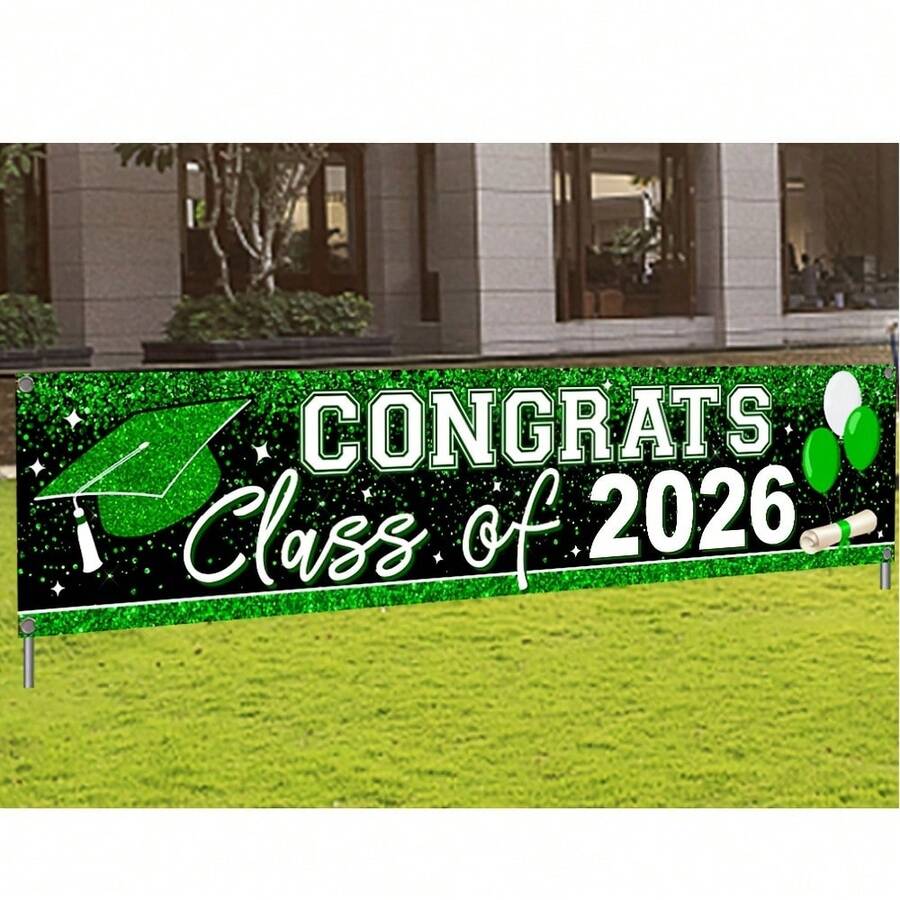 毕业装饰横幅 - 绿色 - 祝贺2026届毕业生横幅 - 2026年大学和高中毕业派对用品 - 祝贺毕业生庭院标牌 - 室内外装饰 - 彩色 - 查看 1