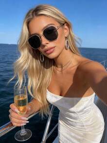 1pc Plastic Geometric Frame Retro Fashion Glasses, Suitable For Couple Street Style, Beach Accessories - 1 mảnh màu xám khung vàng - Xem 3