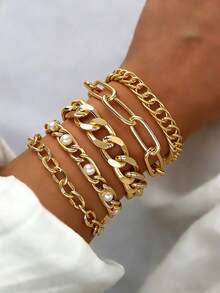 5Pcs Simple Punk Chunky Chain Bracelet Set Metal Link Chain Combo, Ensemble With Rope, Snake, And Twisted Designs Multi Layered Bracelet Women's Holiday Dating Gift Daily Matching - Gold 4 - View 6